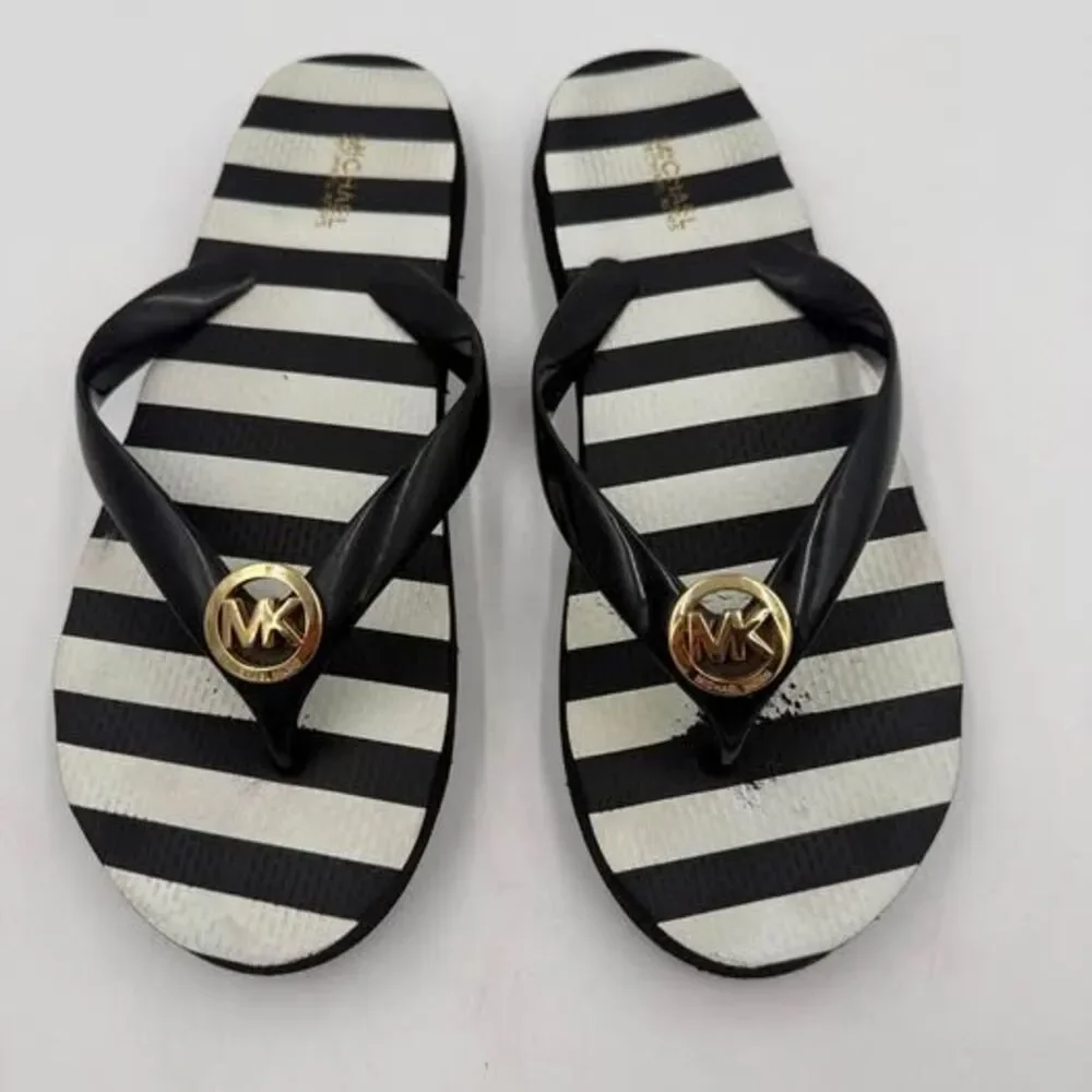 Womens Michael Kors Womens Black White Striped Flip Flops SandalsRubber size 8